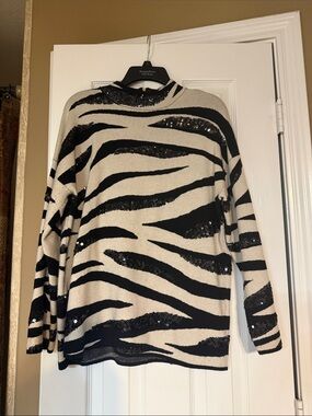 Chico's Black and Cream Zebra-Print Sequin Mock Neck Sweater